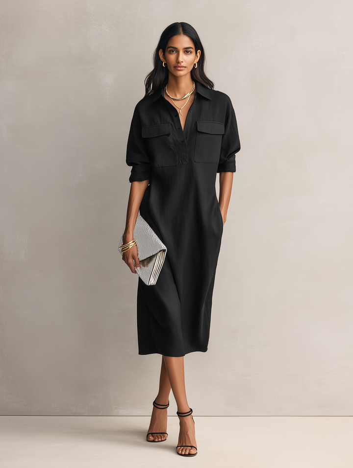 Robe Midi Élégante Femme en Mélange Coton-Lin Noir à Col Chemise à Manches Courtes MDZ0455C2AN