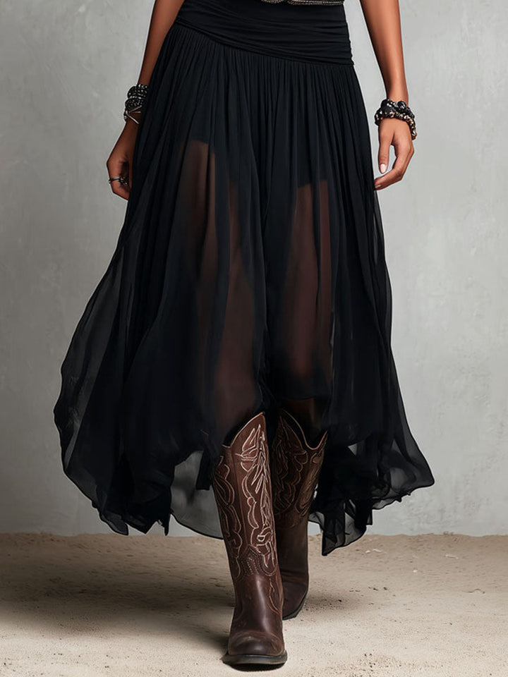 Robe Maxi Stretchy Noire Boho Western avec Jupe Transparente