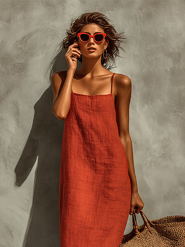 Robe Rouge en Coton pour Femmes avec Bretelles Spaghetti & Décolleté Carré, Robe de Style Boho-Resort Intemporelle MDZ0924C3I