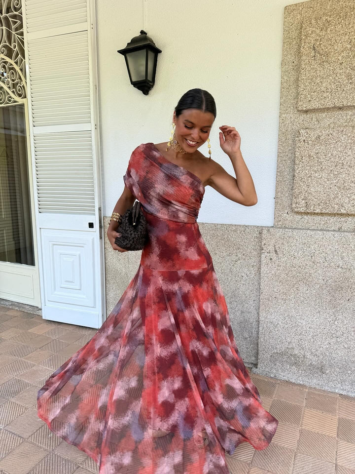 Aleida│Robe Longue Aquarelle à Épaules Dégagées