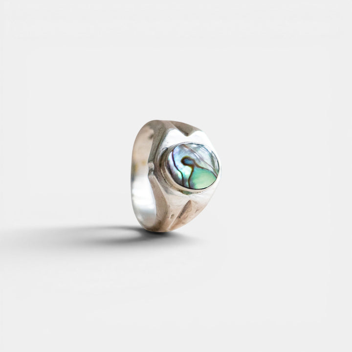 Grande Bague Sceau en Coquille d'Abalone en Argent Sterling 925 - Bague en Mère de Perle, Bague Statement bleue faite à la main