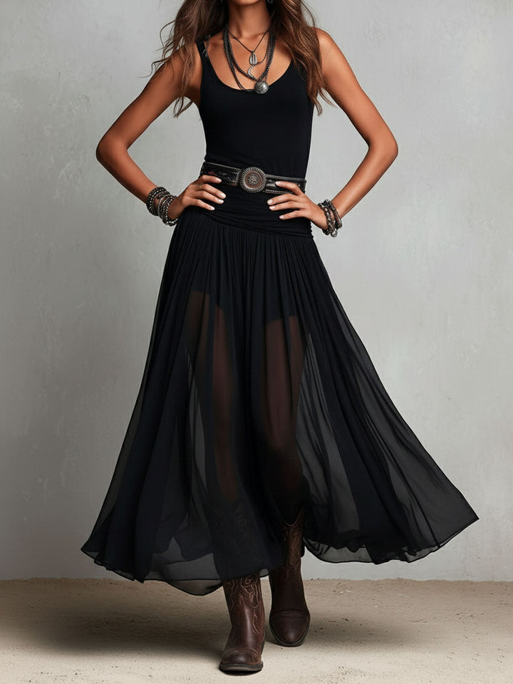 Robe Maxi Stretchy Noire Boho Western avec Jupe Transparente