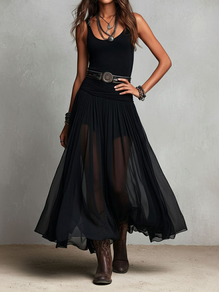 Robe Maxi Stretchy Noire Boho Western avec Jupe Transparente