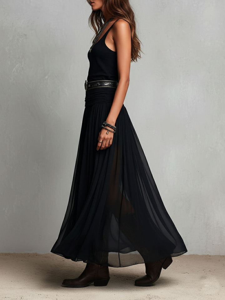 Robe Maxi Stretchy Noire Boho Western avec Jupe Transparente
