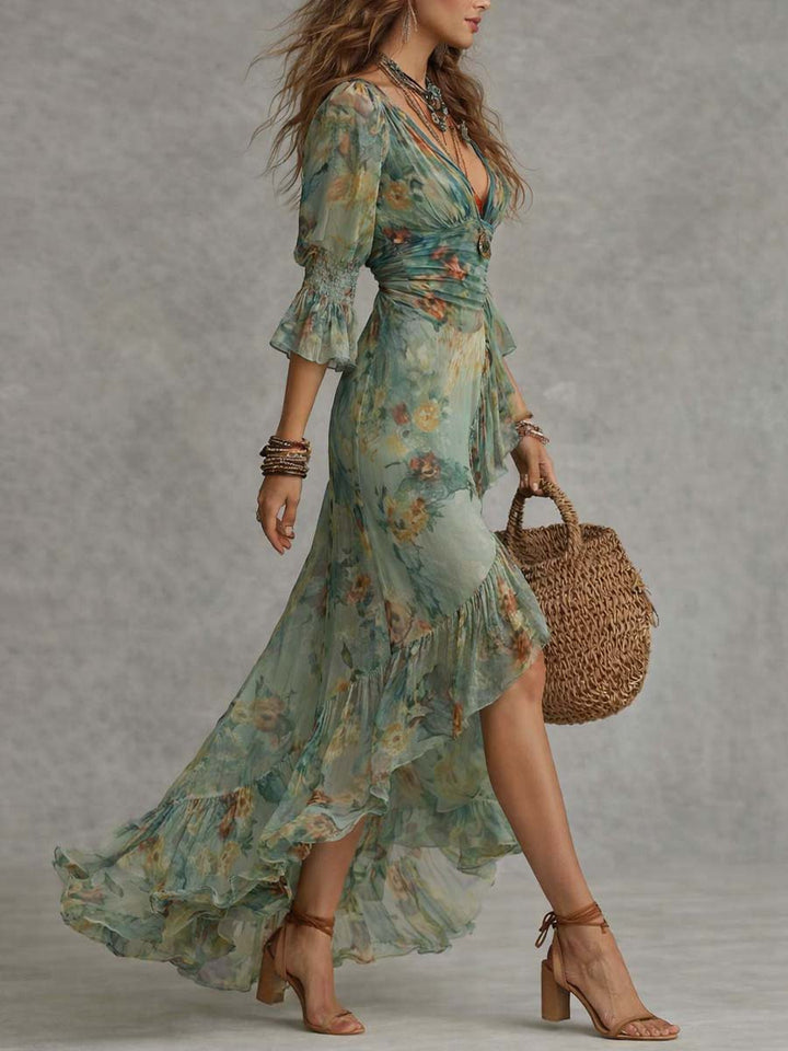 Aurora - robe longue florale boho avec ourlet asymétrique romantique
