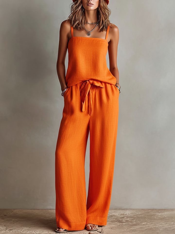 Ensemble Deux-Pièces en Lin Orange pour Femmes avec Top Cami à Col Carré & Pantalon Large à Taille Nœud, Style Boho-Resort Intemporel MDZ0825D5I
