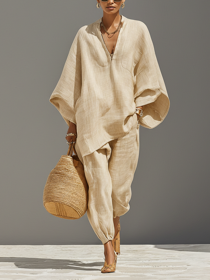 Ensemble en Lin Neutre pour Femmes avec Ourlet Asymétrique & Design Minimaliste, Ensemble de Style Décontracté Raffiné MDZ0501B3I