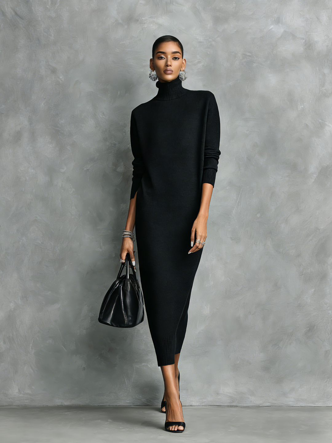 Robe Midi Ample en Maille Noire Élégante pour Femmes à Col et Manches Longues Sans Poches MDA1974L7AN