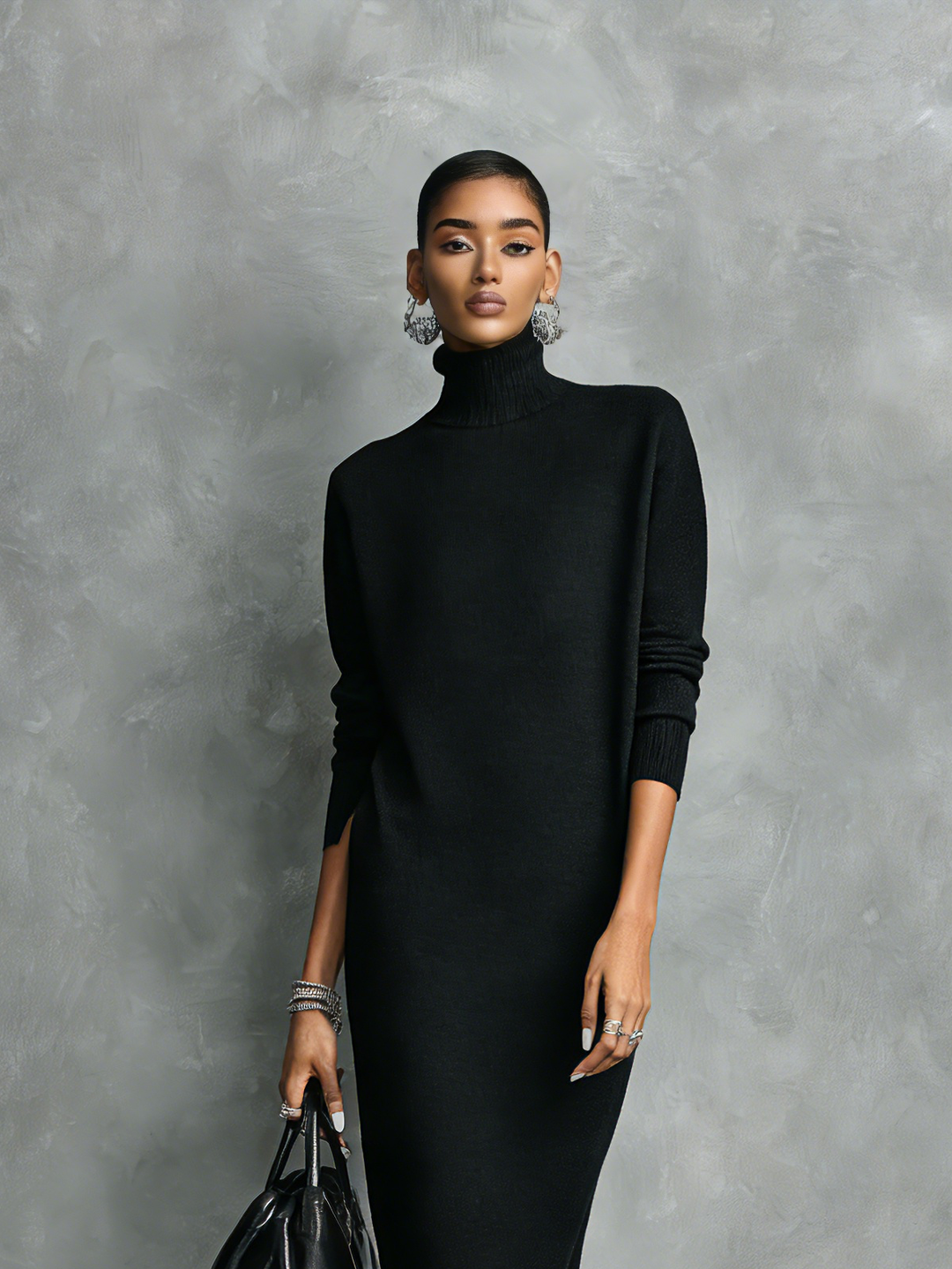 Robe Midi Ample en Maille Noire Élégante pour Femmes à Col et Manches Longues Sans Poches MDA1974L7AN