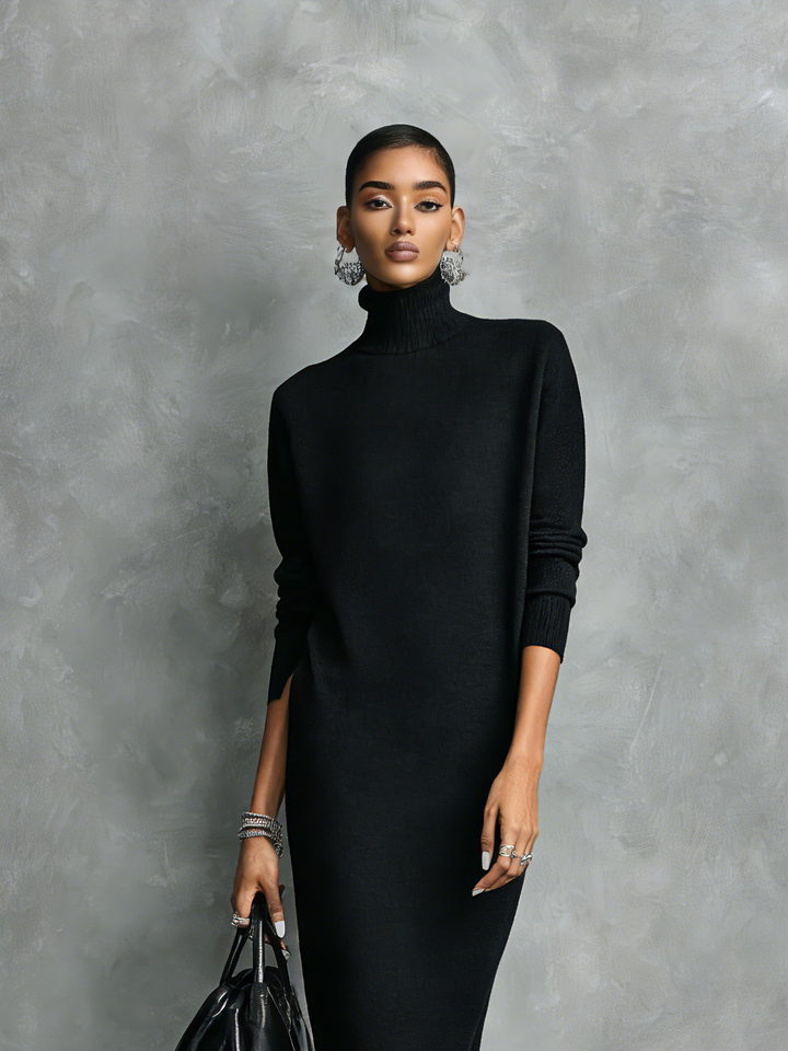 Robe Midi Ample en Maille Noire Élégante pour Femmes à Col et Manches Longues Sans Poches MDA1974L7AN