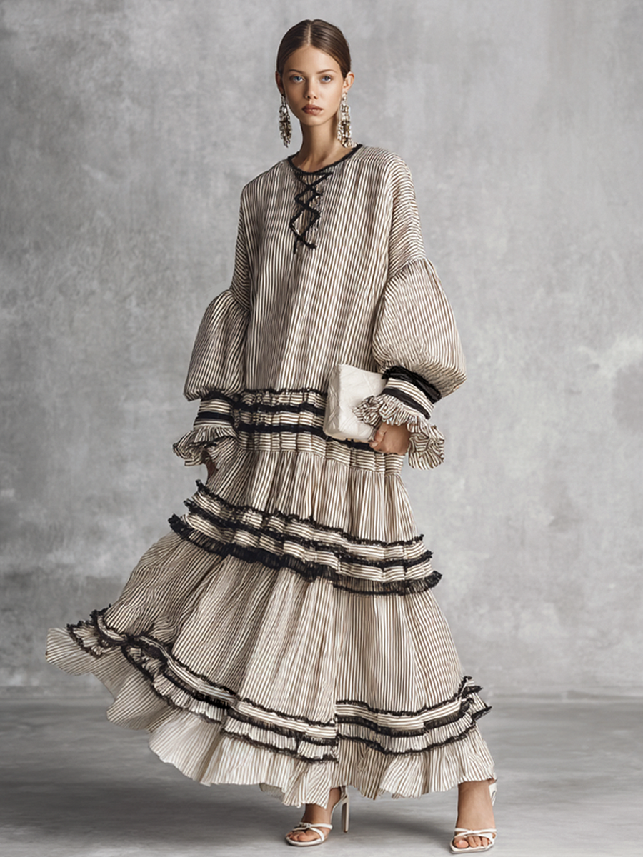 Robe Maxi à Manches Longues en Mélange de Coton à Volants Rayée Boho pour Femmes MDZ1426B2BA