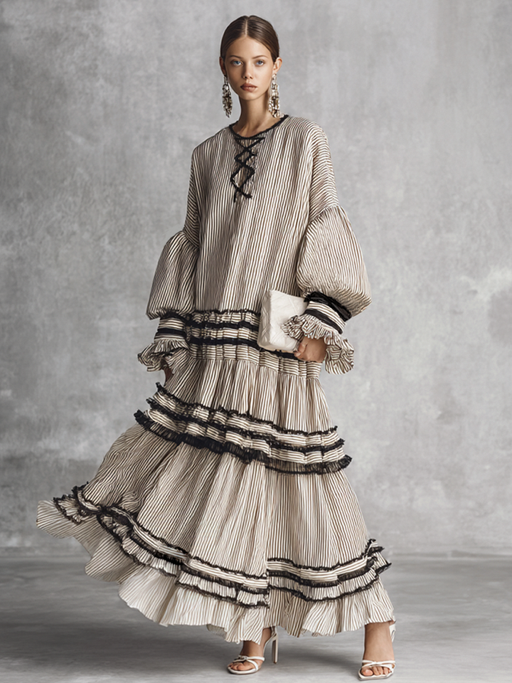 Robe Maxi à Manches Longues en Mélange de Coton à Volants Rayée Boho pour Femmes MDZ1426B2BA