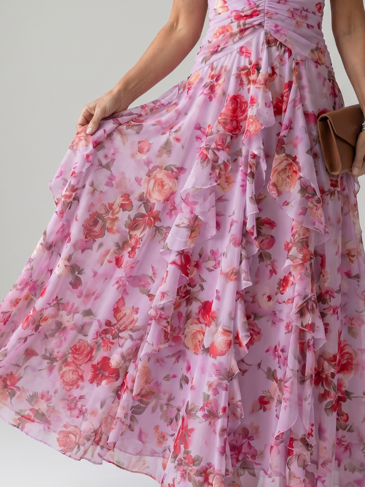 Nori | Robe Maxi à Encolure Halter et Corsage Froncé Floral
