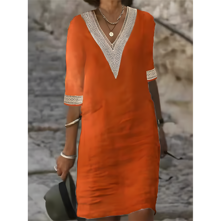 Isabeau™ | Robe Midi à Col V avec Détails en Dentelle Contrastante