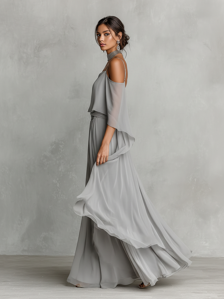 Ensemble Chiffon Respirant Grise pour Femmes avec Détail Épaule Dénudée & Silhouette Évasée, Style Féminin Luxe Contemporain MDZ2651B6I