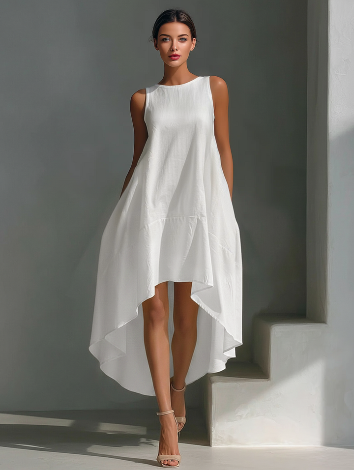 Robe Midi Sans Manches en Lin Blanc pour Femmes avec Col Ronde & Ourlet Asymétrique MDZ0987B9T