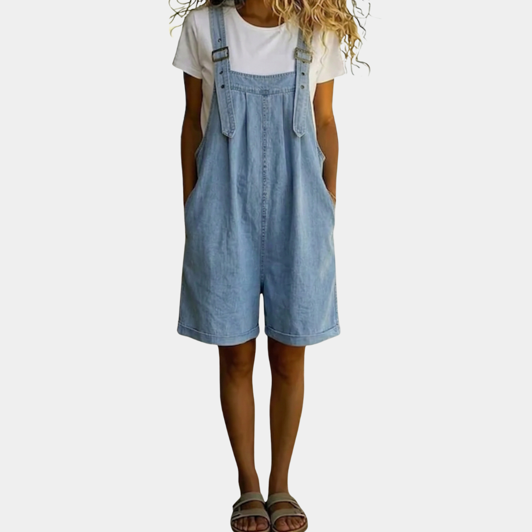 Isabel - Combinaison courte en denim doux au toucher avec finition vintage en bleu clair