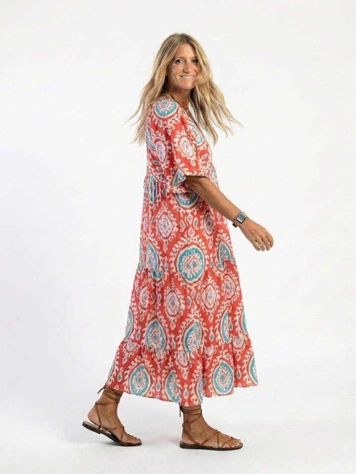 Zaria | Robe midi à imprimé paisley et décolleté en V à manches courtes