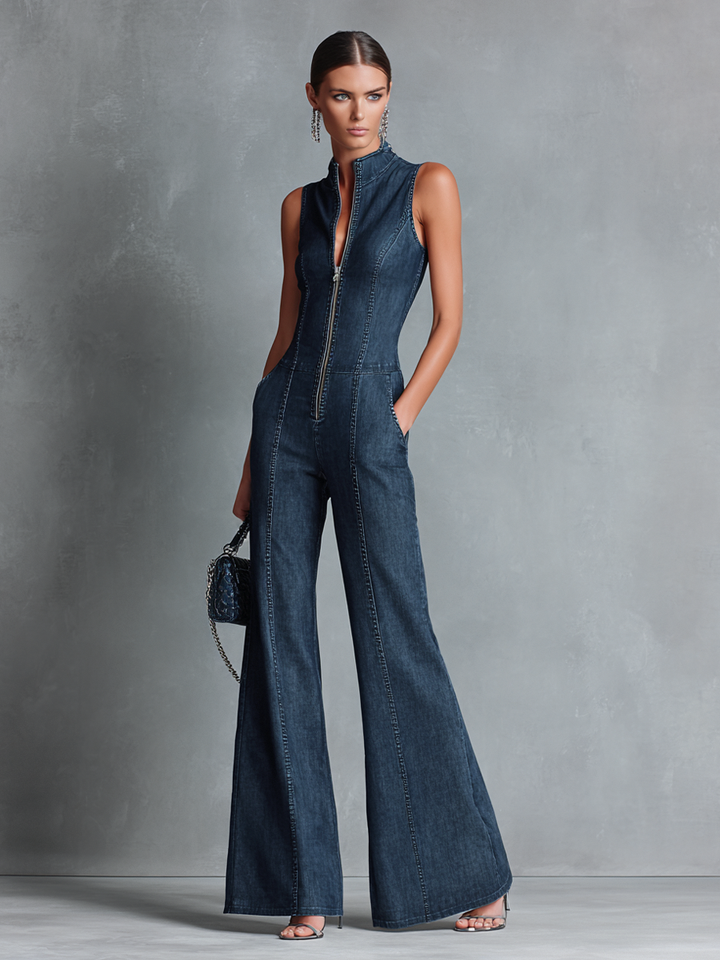Dames Style Rétro Jean Denim Bleu Foncé Sans Manches Col Montant Pantalon Évasé Combinaison Avec Fermeture Éclair MDZ1239B2BA