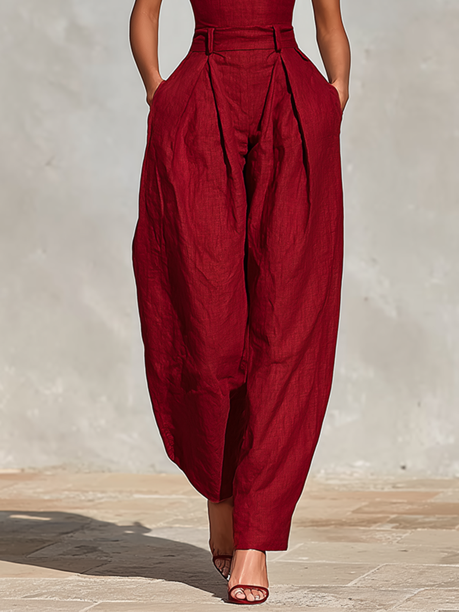 Combinaison en Lin Rouge pour Femmes avec Bretelles Spaghetti & Pantalon Plissé Taille Haute, Style Élégant et Romantique Intemporel MDZ1915C8I
