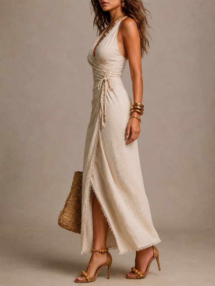 Tess™ | Robe midi à encolure croisée sur le devant, volants et bordure en dentelle
