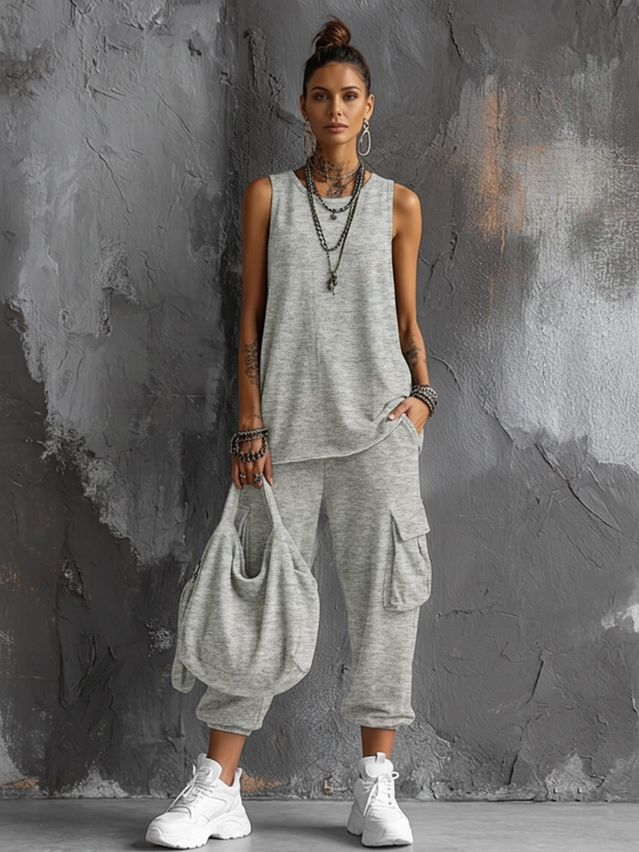 Ensemble Top Sans Manches en Mélange de Coton Gris Foncé + Pantalon Cargo Jogger pour Femmes MDZ2365D7GMJ