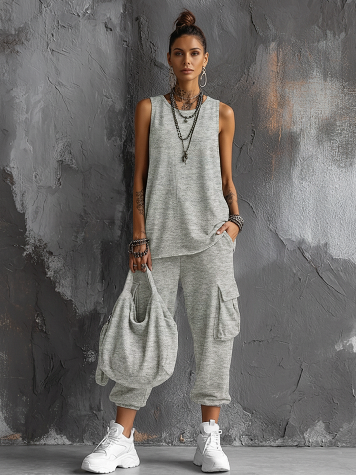 Ensemble Top Sans Manches en Mélange de Coton Gris Foncé + Pantalon Cargo Jogger pour Femmes MDZ2365D7GMJ