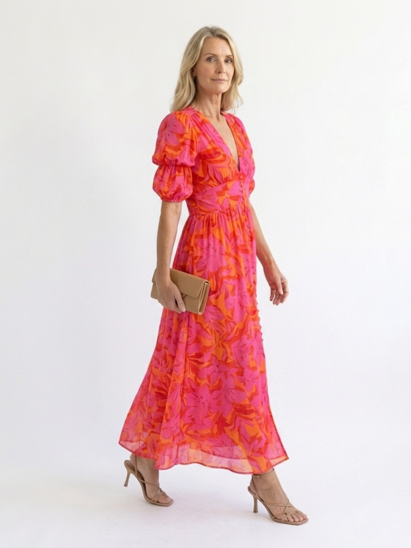 Willow | Robe midi à décolleté en V fleuri avec manches bouffantes