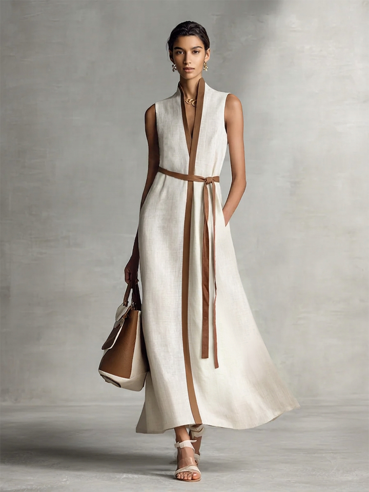 Robe Maxi en Coton Lin à Bretelles Sans Manches pour Femmes MDZ1153B7BA