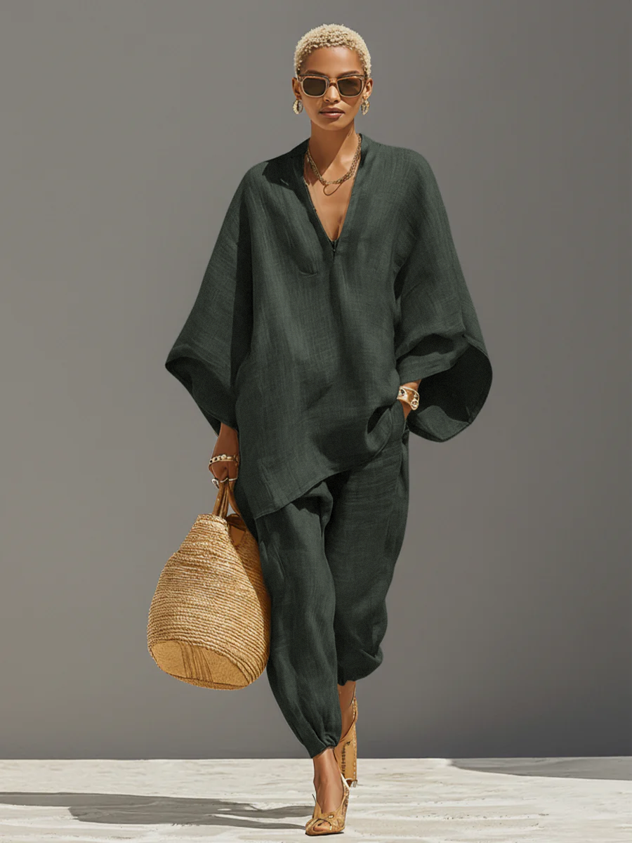 Ensemble en Lin Neutre pour Femmes avec Ourlet Asymétrique & Design Minimaliste, Ensemble de Style Décontracté Raffiné MDZ0501B3I