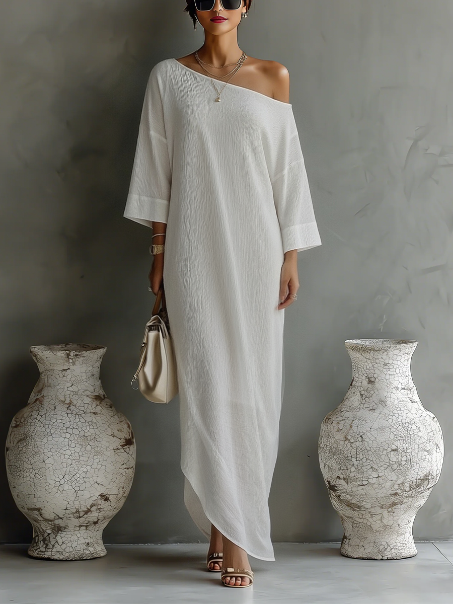 Robe Élégante Fluide à Épaule Dénudée en Mélange Coton-Lin Ivoire Blanc MDA3032K4T