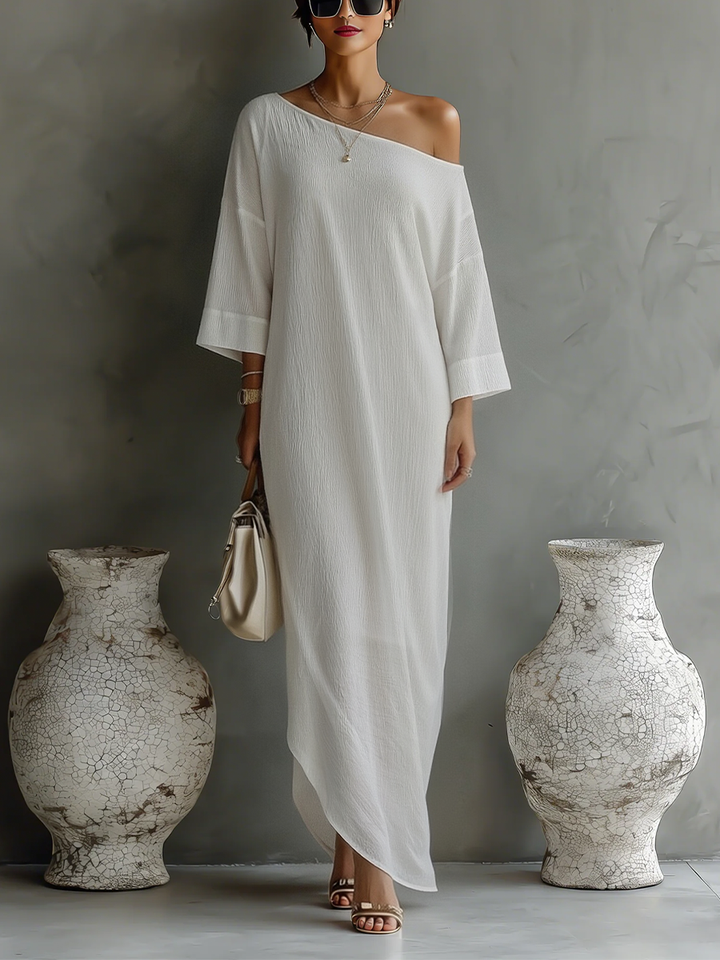 Robe Élégante Fluide à Épaule Dénudée en Mélange Coton-Lin Ivoire Blanc MDA3032K4T