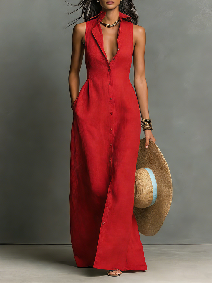 Robe Chemise Maxi Sans Manches à Col Minimaliste en Mélange de Lin pour Femmes MDZ1011C0Y