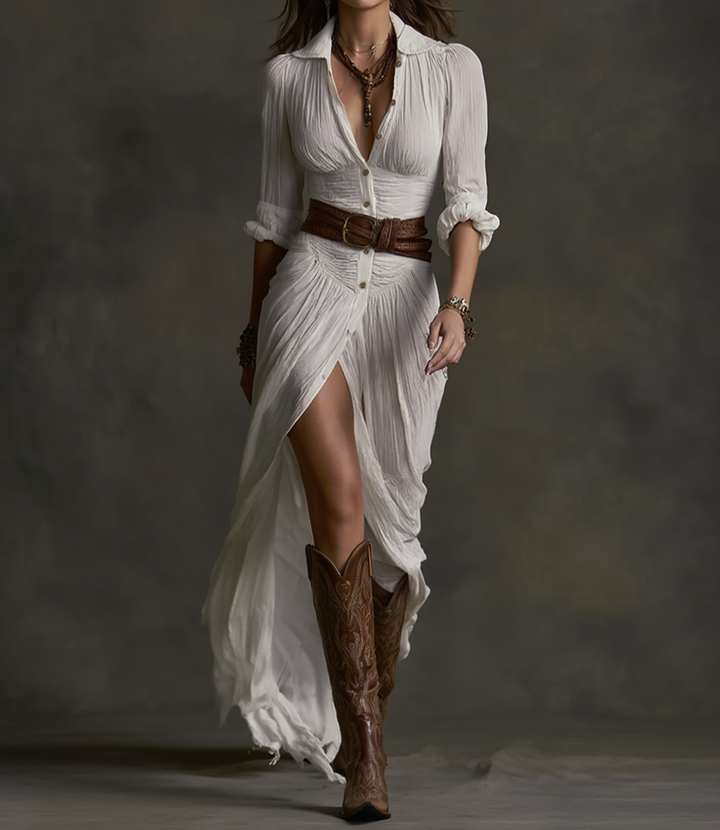 Aurora | Robe Longue en Lin avec Col Inversé