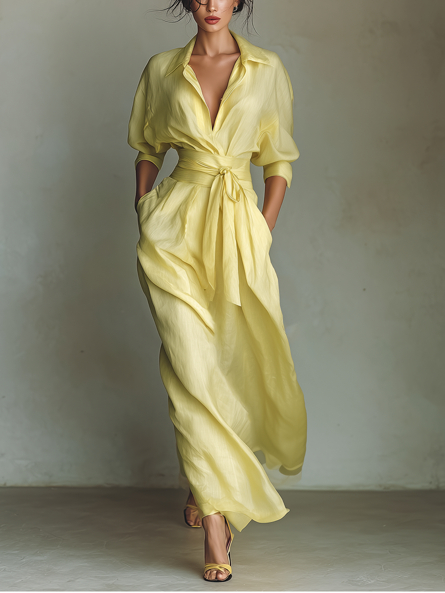 Robe Maxi Chemise Femme En Jaune Citron Mélange De Coton Et De Lin Avec Ceinture À Nouer & Manches Mi-Longues MDZ2884A4T