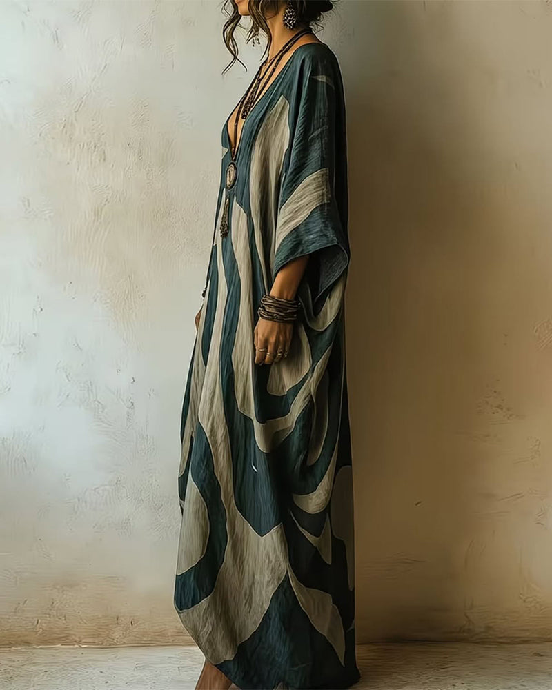 Valériane - Robe Longue et Ample avec Décolleté en V et Motif Abstrait