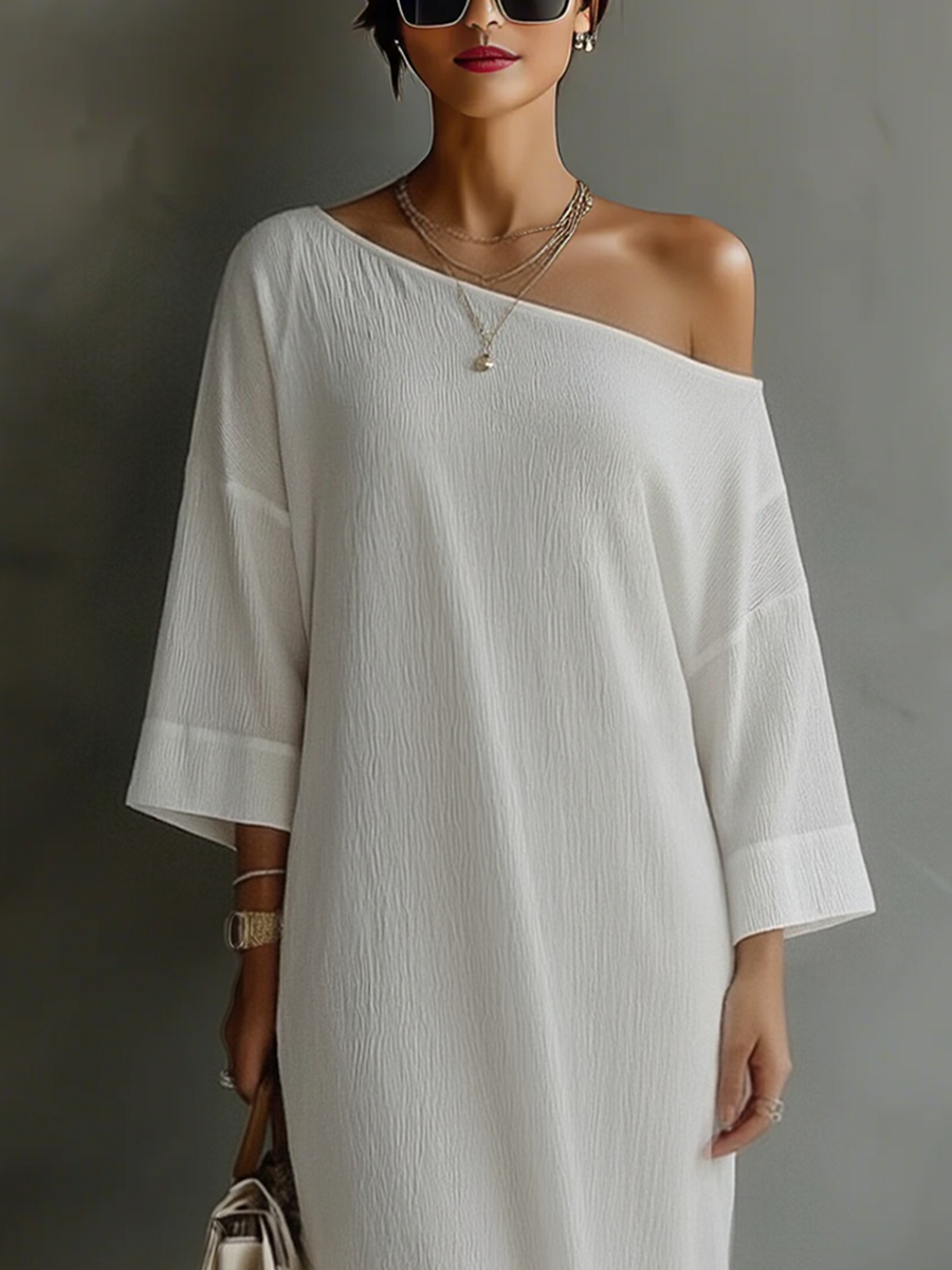 Robe Élégante Fluide à Épaule Dénudée en Mélange Coton-Lin Ivoire Blanc MDA3032K4T