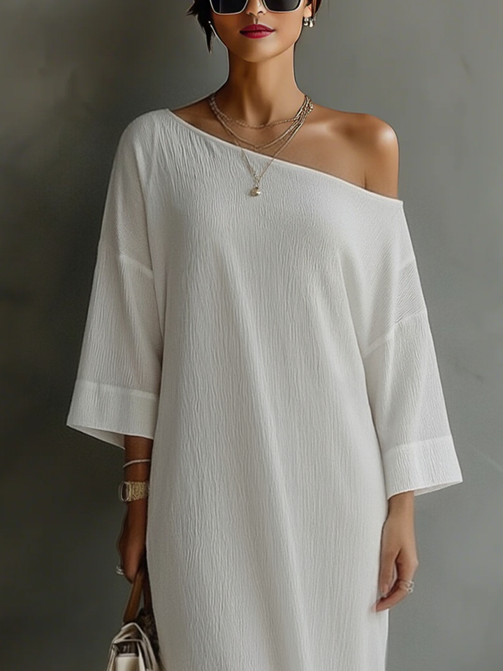 Robe Élégante Fluide à Épaule Dénudée en Mélange Coton-Lin Ivoire Blanc MDA3032K4T