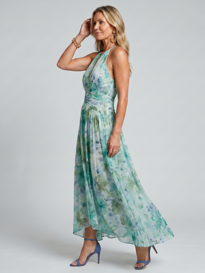 Portia | Robe Midi à Fleurs Douces avec Décolleté Halter Plissé