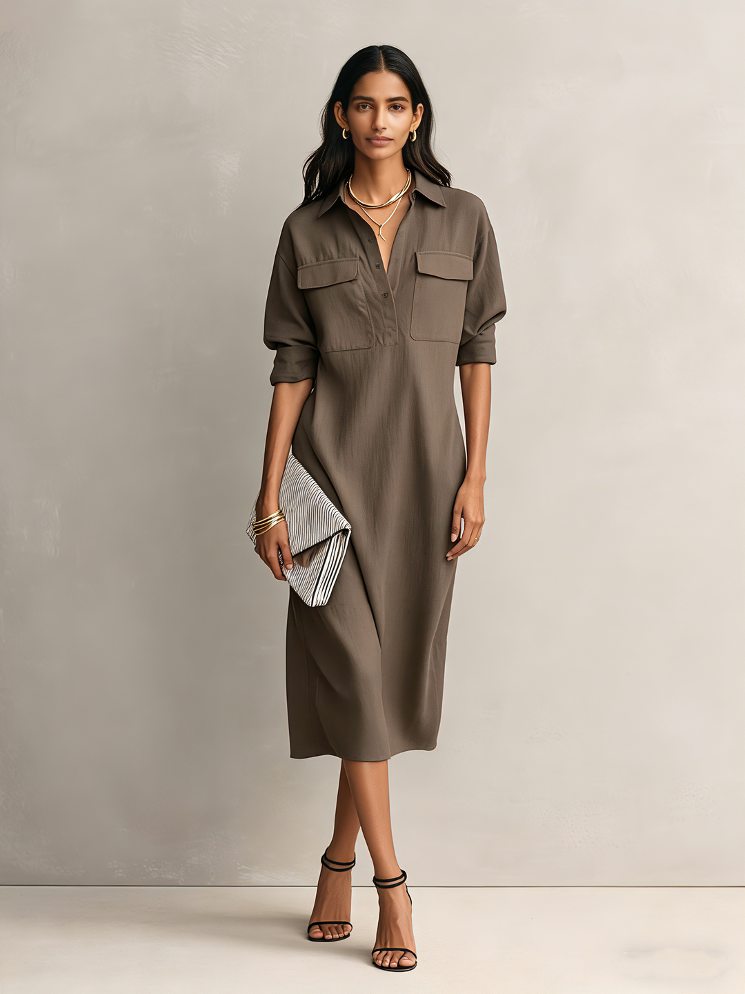 Robe Midi Élégante Femme en Mélange Coton-Lin Noir à Col Chemise à Manches Courtes MDZ0455C2AN