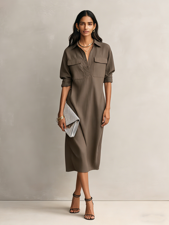 Robe Midi Élégante Femme en Mélange Coton-Lin Noir à Col Chemise à Manches Courtes MDZ0455C2AN