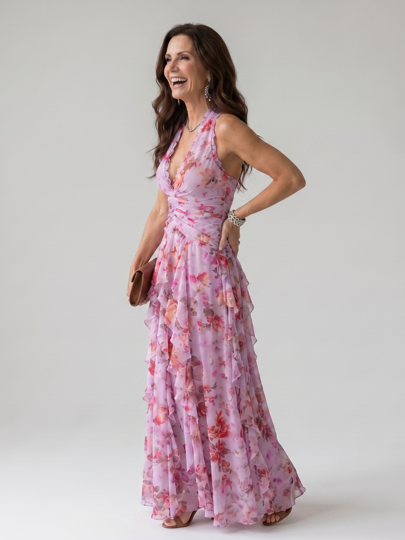 Nori | Robe Maxi à Encolure Halter et Corsage Froncé Floral