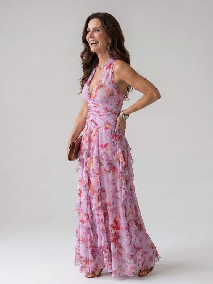 Nori | Robe Maxi à Encolure Halter et Corsage Froncé Floral
