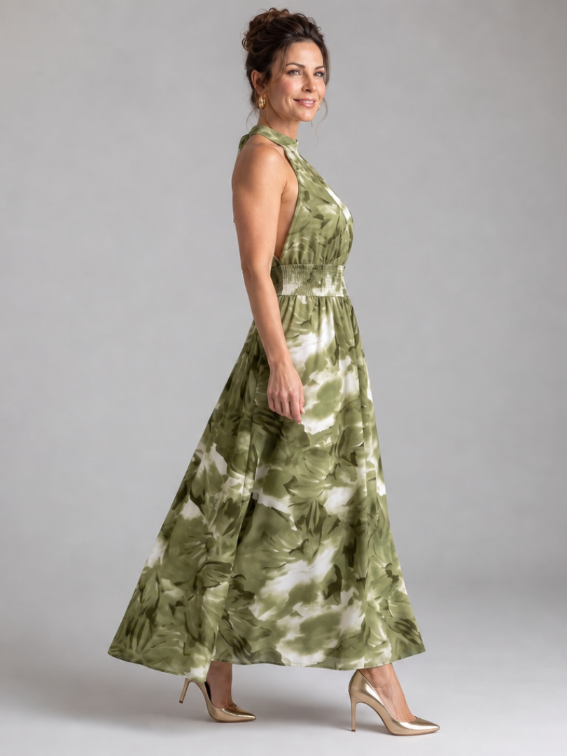 Olivia | Robe midi à taille froncée avec imprimé abstrait