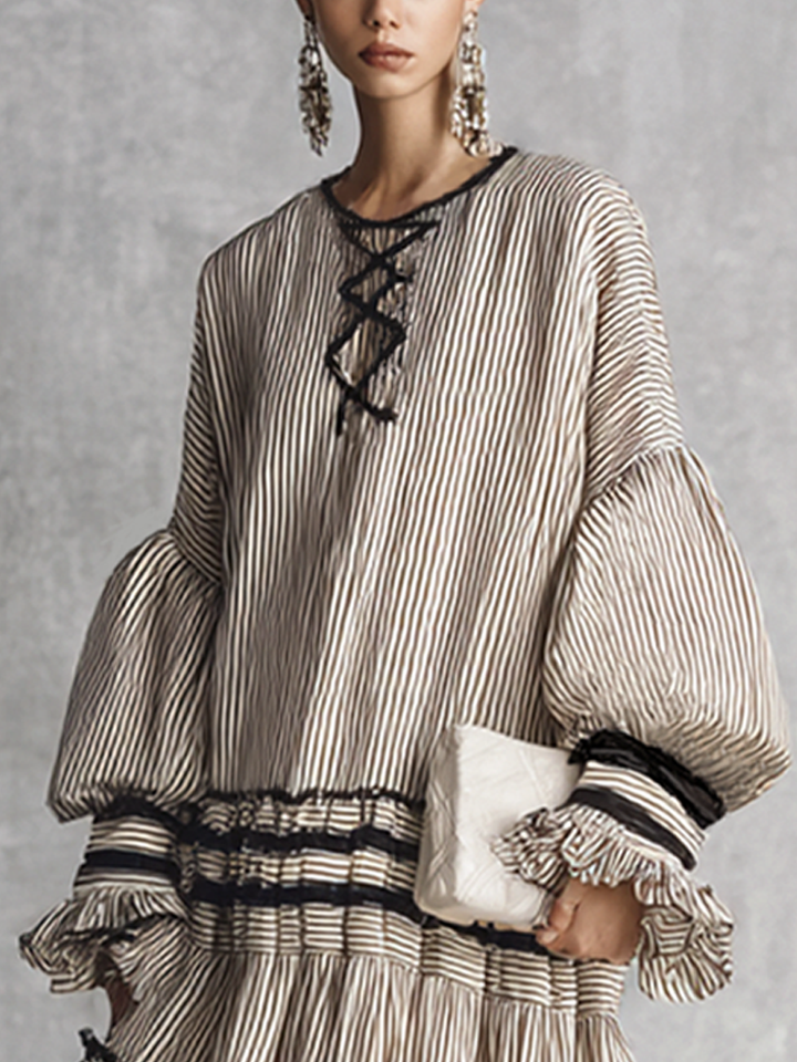 Robe Maxi à Manches Longues en Mélange de Coton à Volants Rayée Boho pour Femmes MDZ1426B2BA