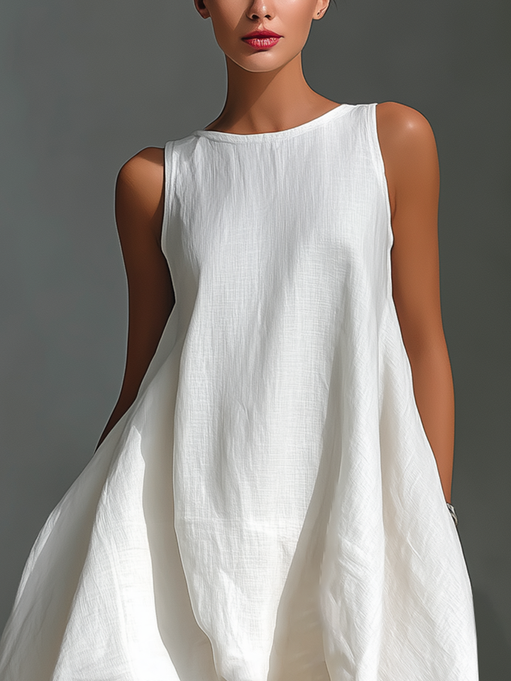 Robe Midi Sans Manches en Lin Blanc pour Femmes avec Col Ronde & Ourlet Asymétrique MDZ0987B9T