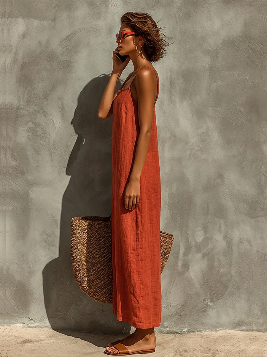 Robe Rouge en Coton pour Femmes avec Bretelles Spaghetti & Décolleté Carré, Robe de Style Boho-Resort Intemporelle MDZ0924C3I