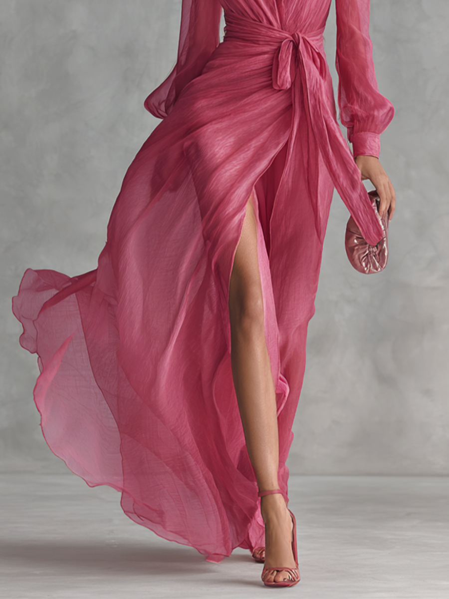 Robe en Chiffon Rose avec Décolleté en V