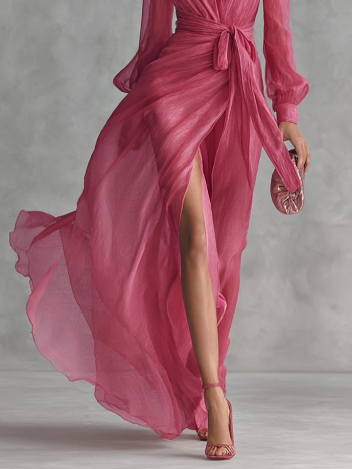 Robe en Chiffon Rose avec Décolleté en V