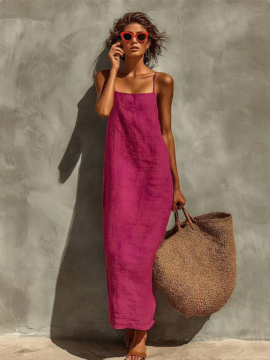 Robe Rouge en Coton pour Femmes avec Bretelles Spaghetti & Décolleté Carré, Robe de Style Boho-Resort Intemporelle MDZ0924C3I